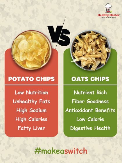 Why choose between taste and health? This graphic shows the clear benefits of switching from high calorie potato chips to our nutrient rich, low calorie Oats Chips.