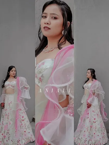 A collage showcasing the details of Anjali's Carnival look, from the floral lehenga to the ruffled dupatta and the soft, romantic makeup.