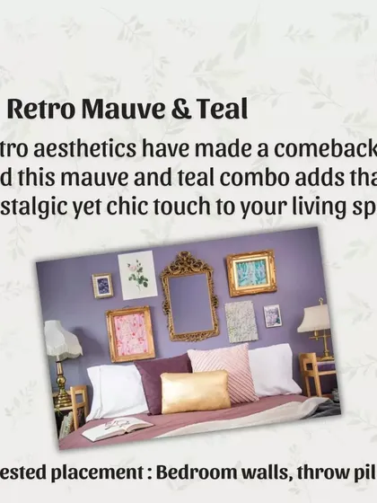 The Retro Mauve & Teal palette brings a nostalgic yet chic touch to any living space. This combination is perfect for creating a vintage-inspired look on bedroom walls or through throw pillows.