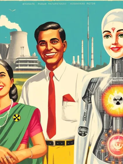 A retro-futuristic illustration of an 'Indian Nuclear Family', where the parents and their robot daughter are powered by internal reactors. This is from my 'Parmanupunk' series.
