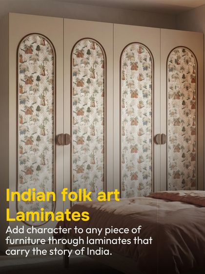 Indian folk art laminates can add so much character to simple furniture. These wardrobe doors feature a beautiful pattern that tells a story, turning a functional item into a statement piece.