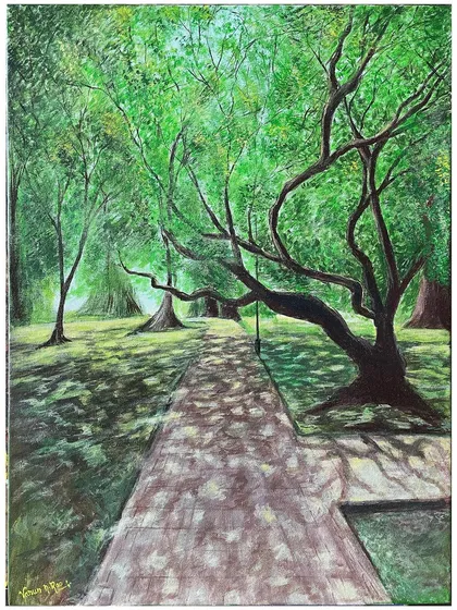 The completed 'Bliss of Shade' painting, showcasing the path leading through the serene, green landscape.