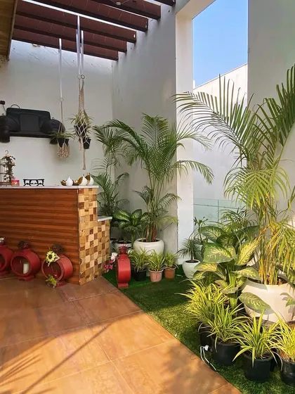 This is a balcony we converted into a functional and green outdoor bar and lounge area. We used a combination of potted palms, floor plants, and hanging planters to maximize greenery in a compact space, creating an urban garden retreat.