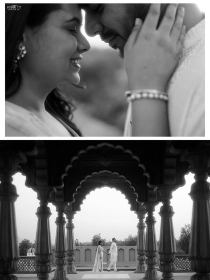 A black and white collage that emphasizes emotion and architecture. The close-up captures a tender smile, while the wide shot uses the grand arches to create a powerful, symmetrical frame.