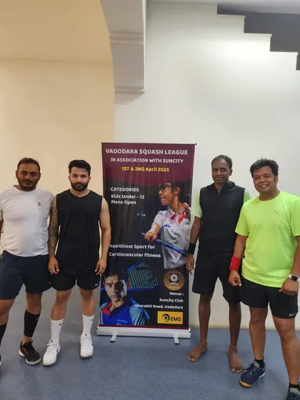 A group of Men's Open category players at the Vadodara Squash League, an event we supported to grow the squash community.