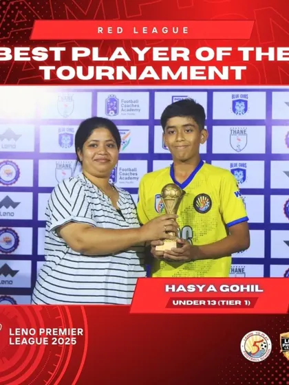 Hasya Gohil receiving the Best Player of the Tournament award for the U13 Tier 1 category at the Leno Premier League 2025.