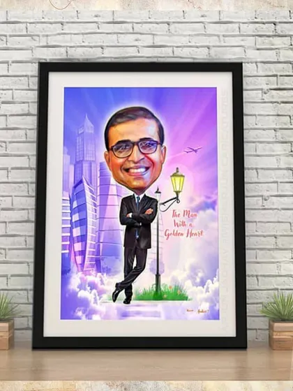 A great way to recognize a star employee. This framed digital caricature was designed as a corporate award, showing "The Man with a Golden Heart" against a city skyline. It's much more personal than a regular trophy.