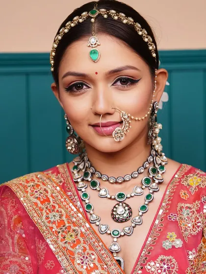 The 'Zehra' bridal look is the epitome of demure beauty. A neat hair bun with white flowers complements the sharp eyeliner and soft, glowing skin.