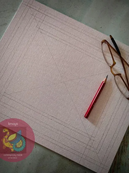 The initial sketch for the fusion Pichwai cow painting. It all starts with a pencil, my glasses, and a geometric grid to plan the unique composition.