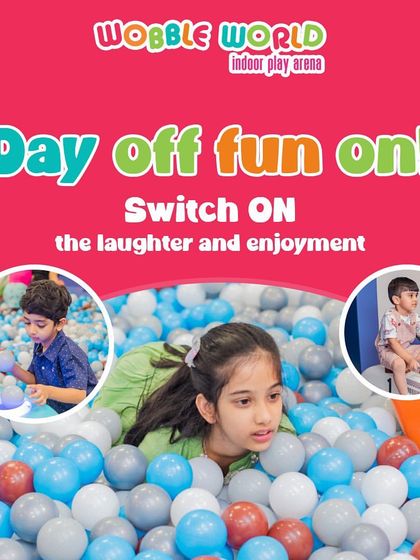 A collage showing the variety of fun to be had. The ball pit is a central feature where kids can swim, slide, and play.