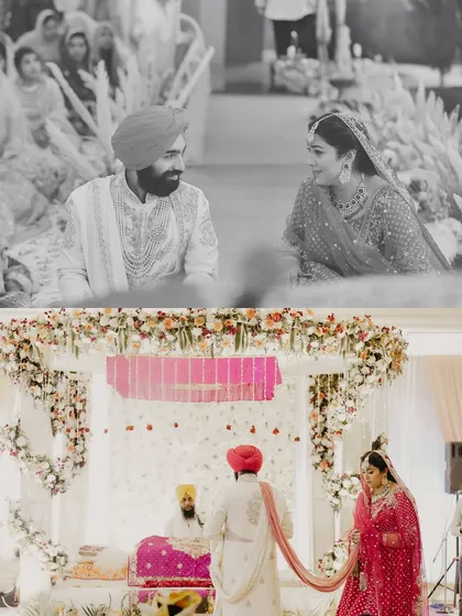 A collage capturing key moments of an Anand Karaj. The top black and white shot shows an intimate glance between the couple, while the bottom photo shows the "palla" ritual, symbolizing their union.