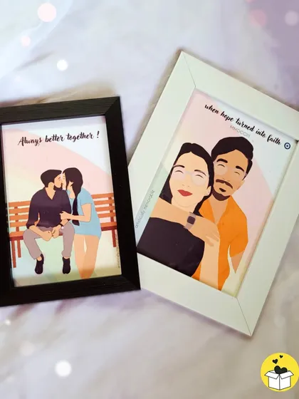 A side-by-side comparison of two different faceless portrait commissions. One is in a black frame showing a couple on a bench, and the other is in a white frame featuring a close-up portrait.