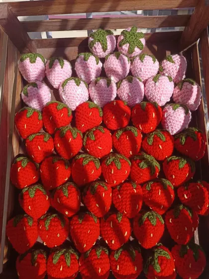 Another shot of the strawberry crate, showing the different shades of pink and red.