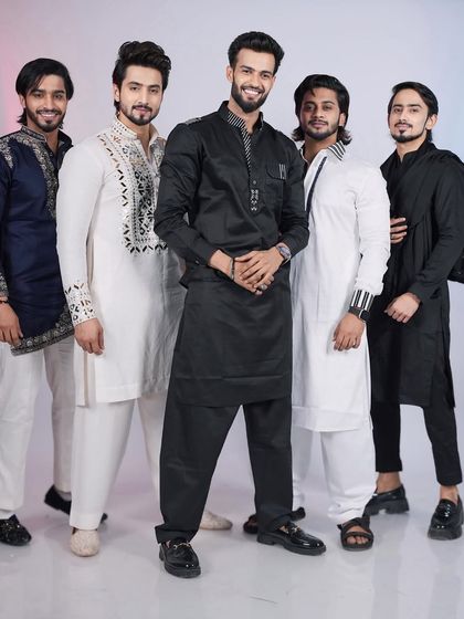 Squad goals. This image displays a range of my custom designs, from embroidered Pathani suits to modern kurtas, perfect for a group of friends attending an event together.