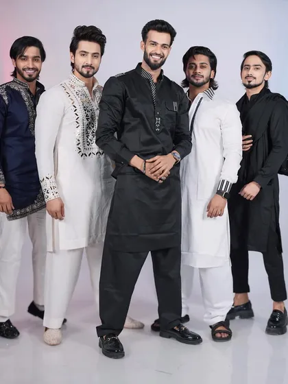 Squad goals. This image displays a range of my custom designs, from embroidered Pathani suits to modern kurtas, perfect for a group of friends attending an event together.