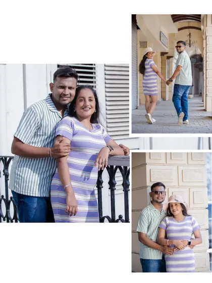 A collage showcasing various poses from a casual urban maternity shoot. It features the couple in different spots around a building with classic architecture, highlighting their connection in a modern, stylish setting.