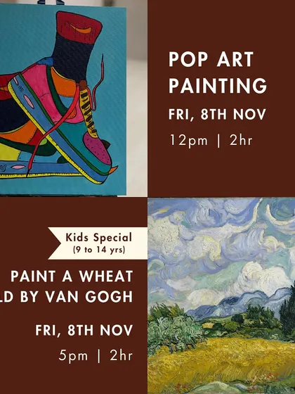 Our November workshop schedule, offering 'Pop Art Painting' and a kids' special to paint a wheat field by Van Gogh.