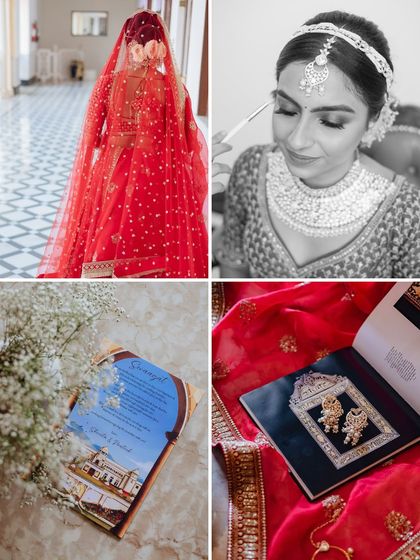 A collage of details from a royal Udaipur wedding, including the invitation, jewelry, and bridal portraits.