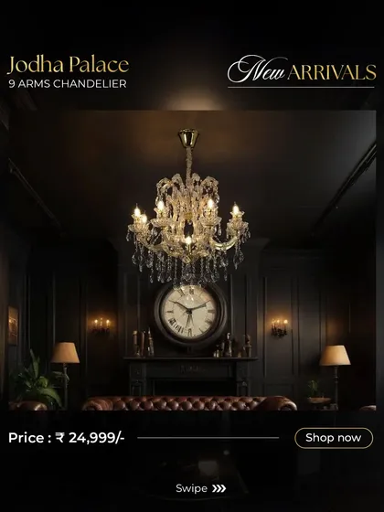 The 9 Arms Jodha Palace Chandelier is a versatile choice, shown here adding a touch of class to a study or library. Its timeless design complements the rich, dark wood and leather furniture.