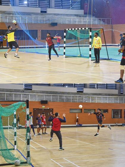 A two-panel look at the men's team practicing their shooting. These shots show different players attacking the goal from various angles during a fast-paced drill.