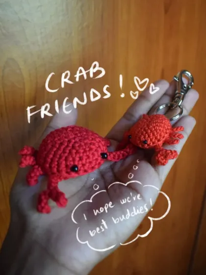 These little crab friends are one of my most popular designs. I can make them as a keychain buddy or a pin, and they're just the right size to bring a little bit of joy wherever you go.