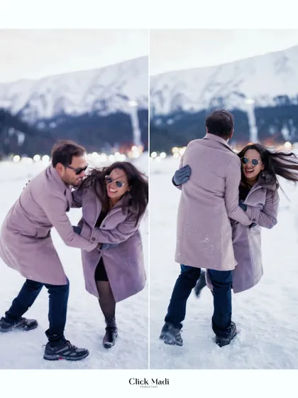 Capturing the fun and spontaneous energy of a couple's pre-wedding adventure in the snow. These candid shots show their genuine joy and playful dynamic.