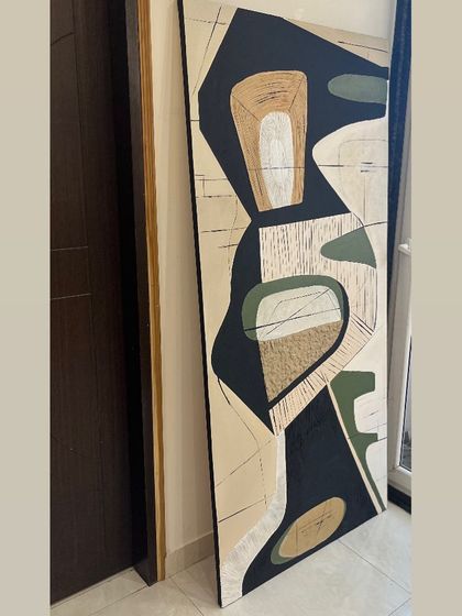 The full view of the large 6ft x 3ft abstract painting. The composition is a complex interplay of shapes and textures in a sophisticated palette of black, beige, and olive green.