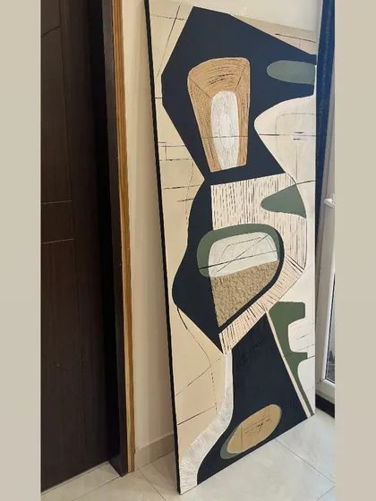 An angled view of the 6ft x 3ft abstract piece, showing its scale and the way the different textures play with light. This piece was commissioned for a home in Mumbai.