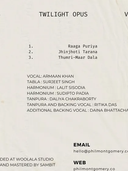 The tracklist and credits for "Twilight Opus". You can see my name listed for tabla. The album was recorded at Woolala Studio.