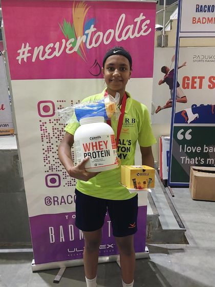 Another victory for Sneha, seen here with her prizes. Consistent wins in multiple categories showcase the comprehensive and advanced training she receives at our academy.