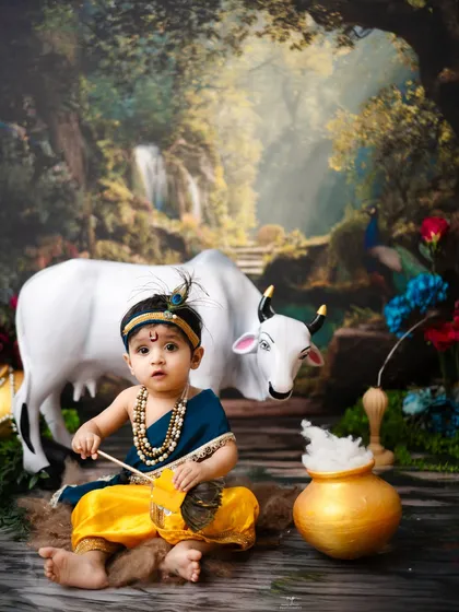 This little one is ready to enjoy some butter from his matki. The playful elements of the Krishna story make for such fun and engaging baby photoshoots.