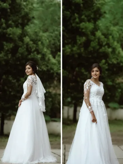 A diptych of the bride in her beautiful gown, showing her from different angles against a natural, green background.