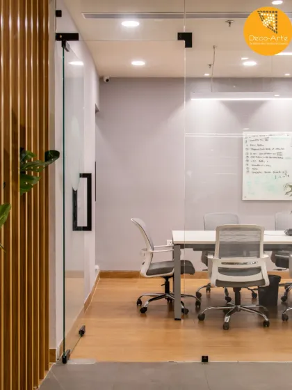 Designing for productivity, one detail at a time. This meeting room at Brandman features glass walls to maintain an open feel, complemented by natural wood elements for a touch of warmth.