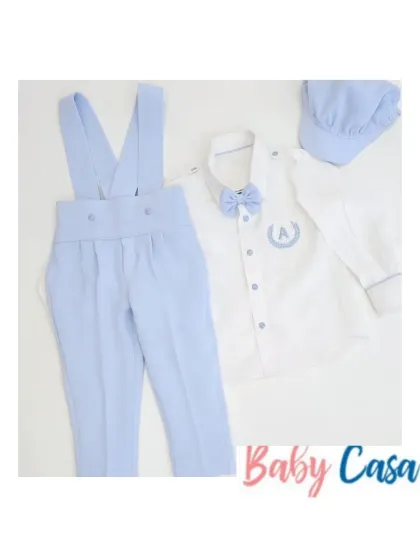 A personalized formal set for a little gentleman. This light blue suspender outfit with an embroidered initial 'A' and a matching cap is perfect for a naming ceremony or first birthday.