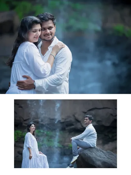 A collage from the waterfall maternity session, showing a mix of couple portraits and individual shots. This highlights the different compositions possible in one location, from intimate embraces to contemplative solo poses.