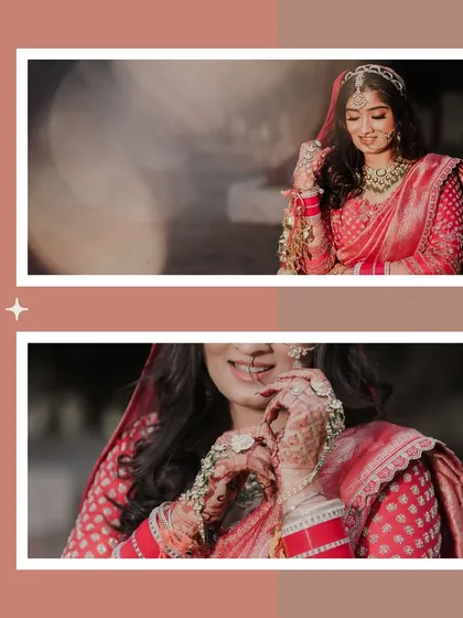 A diptych of the bride, with close-ups on her face and hands. These shots highlight her delicate expressions, jewelry, and the traditional kaleeras.