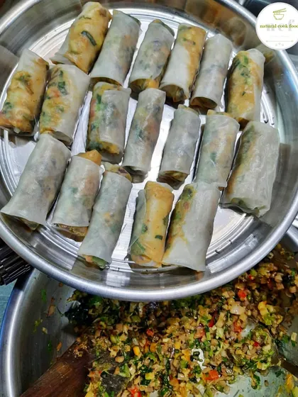 Preparing rice paper dumplings with a yummy stuffing. This is a new item I've been working on.