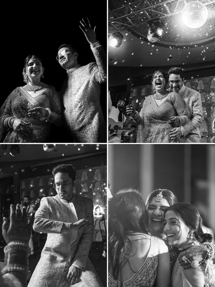 More candid moments from the reception, featuring the couple's laughter, dance moves, and happy hugs with family.