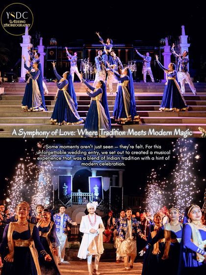 This graphic highlights a wedding entry concept that blended tradition with modern magic. It involved a large troupe of dancers in traditional attire performing a synchronized routine to welcome the groom.