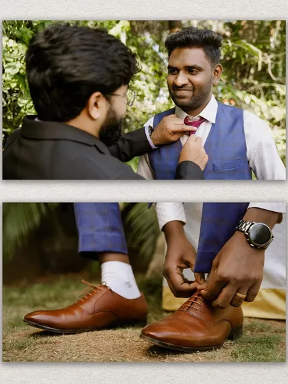 A collage showing the groom getting ready for the reception, with help from his friends, capturing the moments of camaraderie.