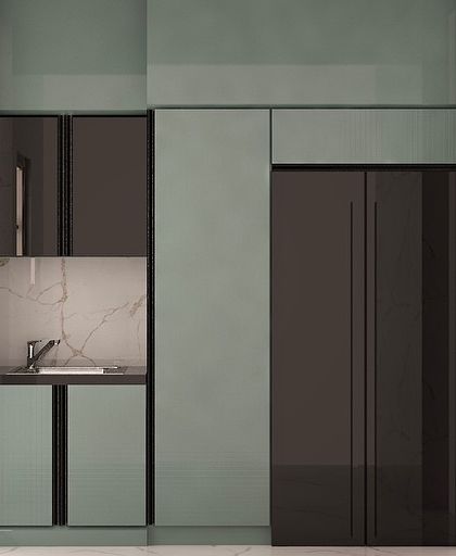 Another angle from the 3D render, focusing on the tall unit which includes the refrigerator and additional storage. 3D views are a key part of my design process.
