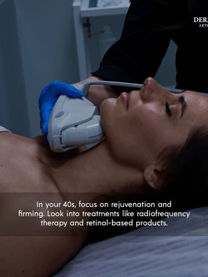 Skincare in your 40s should focus on rejuvenation and firming. This image highlights treatments like radiofrequency therapy and retinol-based products.