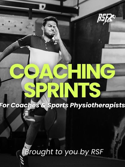 This graphic introduces our "Coaching Sprints" workshop, a fast-paced event for coaches and sports physiotherapists. The black and white action shot of an athlete in motion conveys the intensity and focus of the sessions.