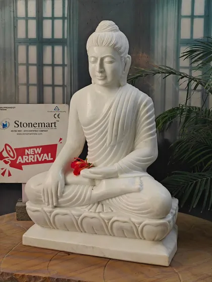 This marble stone Buddha idol is perfect for home and outdoor gardens, bringing a sense of peace and spirituality.