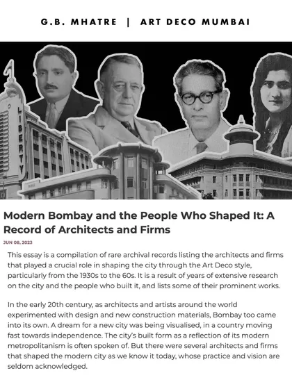 Another feature on the work of G.B. Mhatre, who was part of a group of architects that shaped modern Bombay from the 1930s to the 60s. This legacy is a constant source of inspiration for our practice.