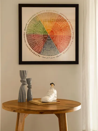 Art and decor in the clinic are chosen to be both beautiful and thought-provoking. An "emotion wheel" hangs on the wall, a tool that aligns with the clinic's holistic approach to child wellness.