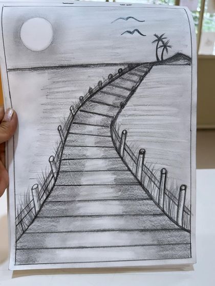 A beautiful drawing of a boardwalk leading to the sea, creating a wonderful sense of peace.