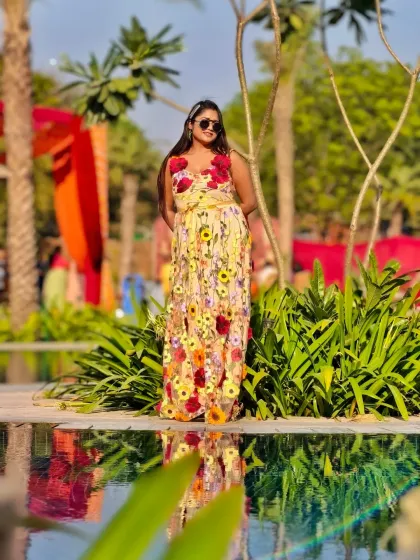A reflection shot by the pool, capturing the essence of a sunny and happy Haldi day. The atmosphere was as bright and cheerful as the decor.