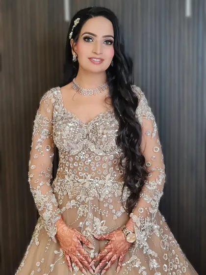 A full view of my beautiful engagement bride. Her glowing makeup complements her stunning embellished gown perfectly.