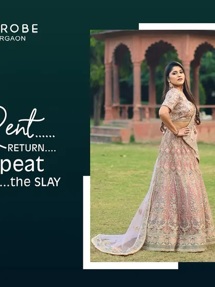 Rent, return, repeat the slay. This graphic captures the core message of my brand, featuring a beautiful pastel lehenga.